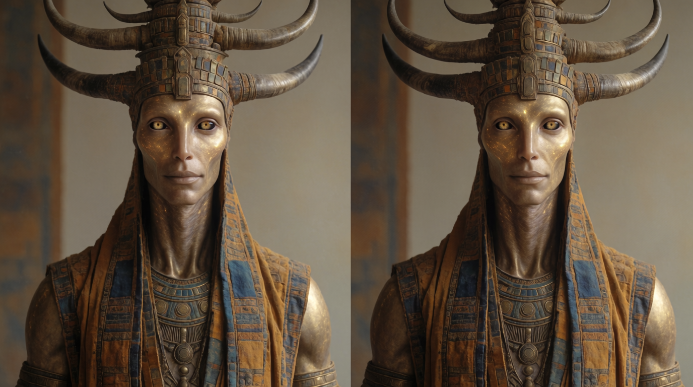AI-generated illustration of an Anunnaki divine figure, front portrait.