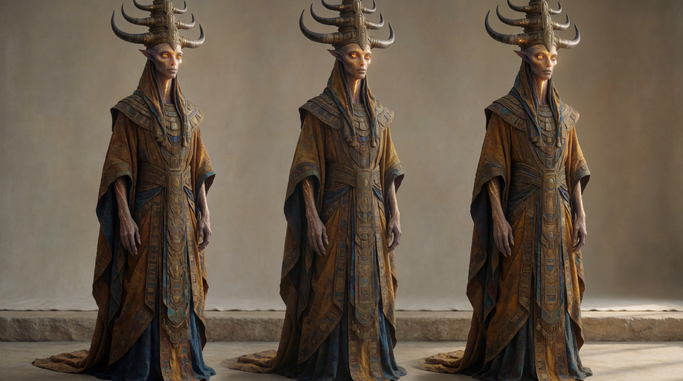 AI-generated full-body illustration of an Anunnaki divine figure.