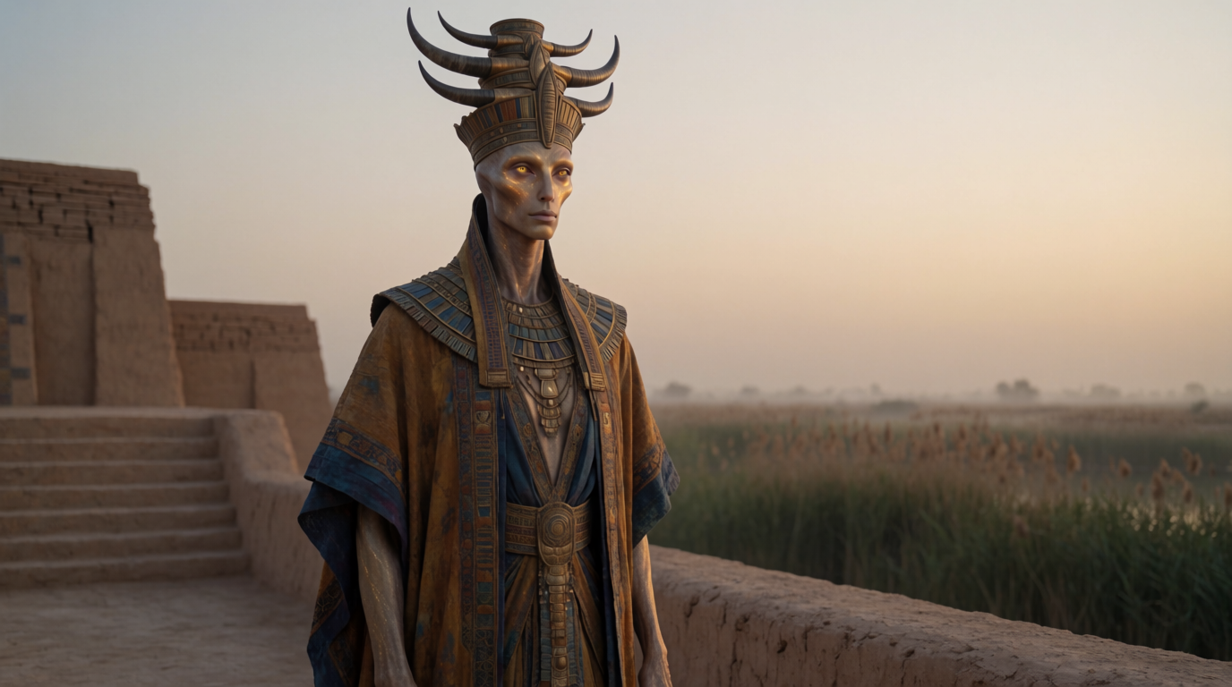 AI-generated Anunnaki divine figure in a ziggurat-court setting.