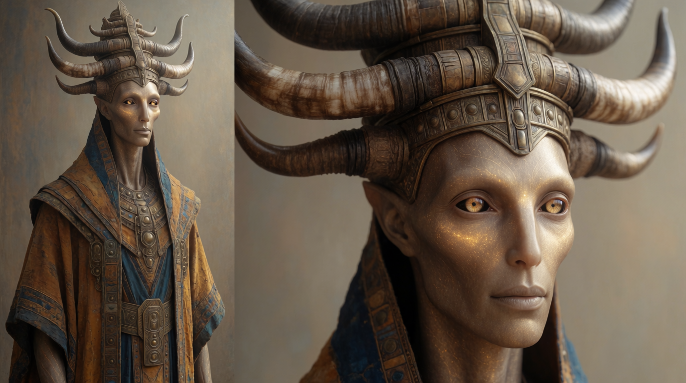 AI-generated close-up of an Anunnaki horned divine crown.