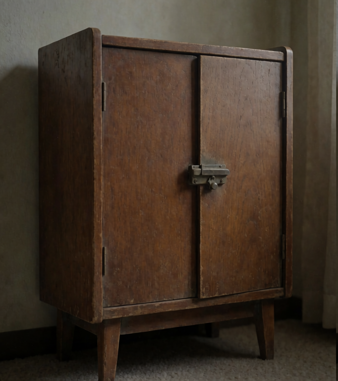 AI-generated illustration of a wine cabinet in a dim room (Dybbuk Box lore).