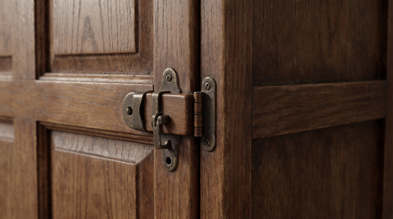 AI-generated close-up of cabinet latch and wood detail (Dybbuk Box lore).