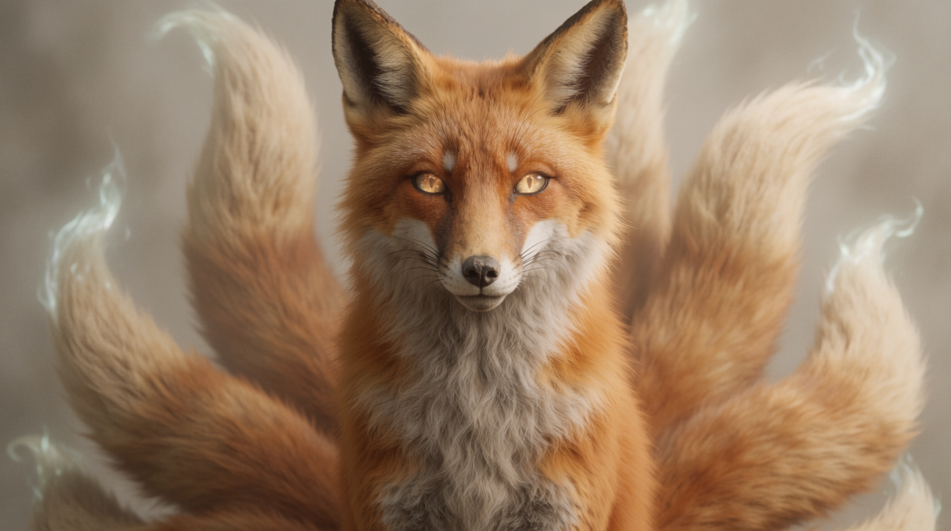AI-generated illustration of a non-human kitsune fox spirit, front portrait.