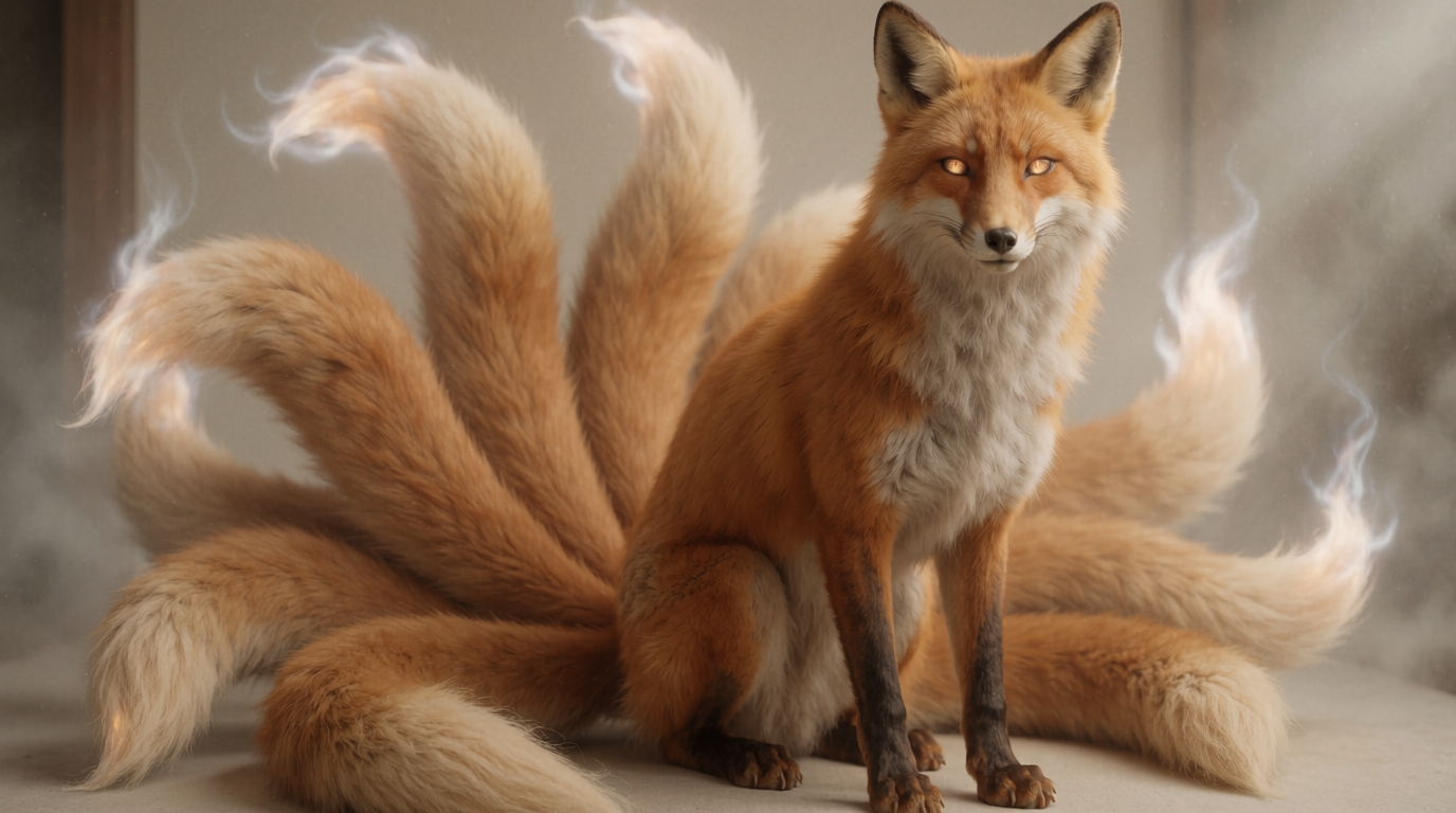 AI-generated illustration of a non-human kitsune fox spirit, full-body identification view.