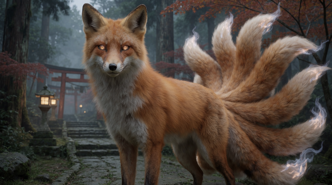 AI-generated illustration of a non-human kitsune fox spirit in misty Japanese shrine woods.