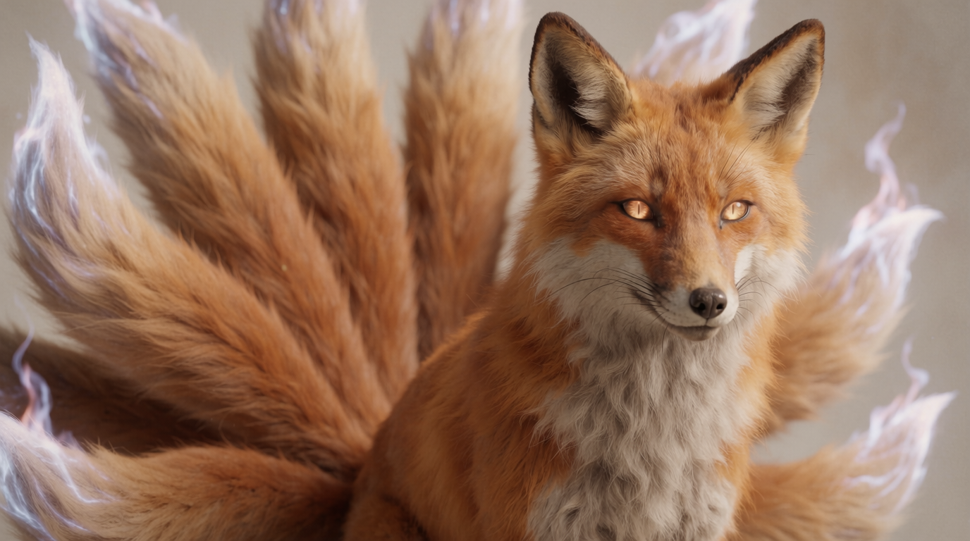 AI-generated close-up of a non-human kitsune’s nine tails and kitsunebi foxfire.