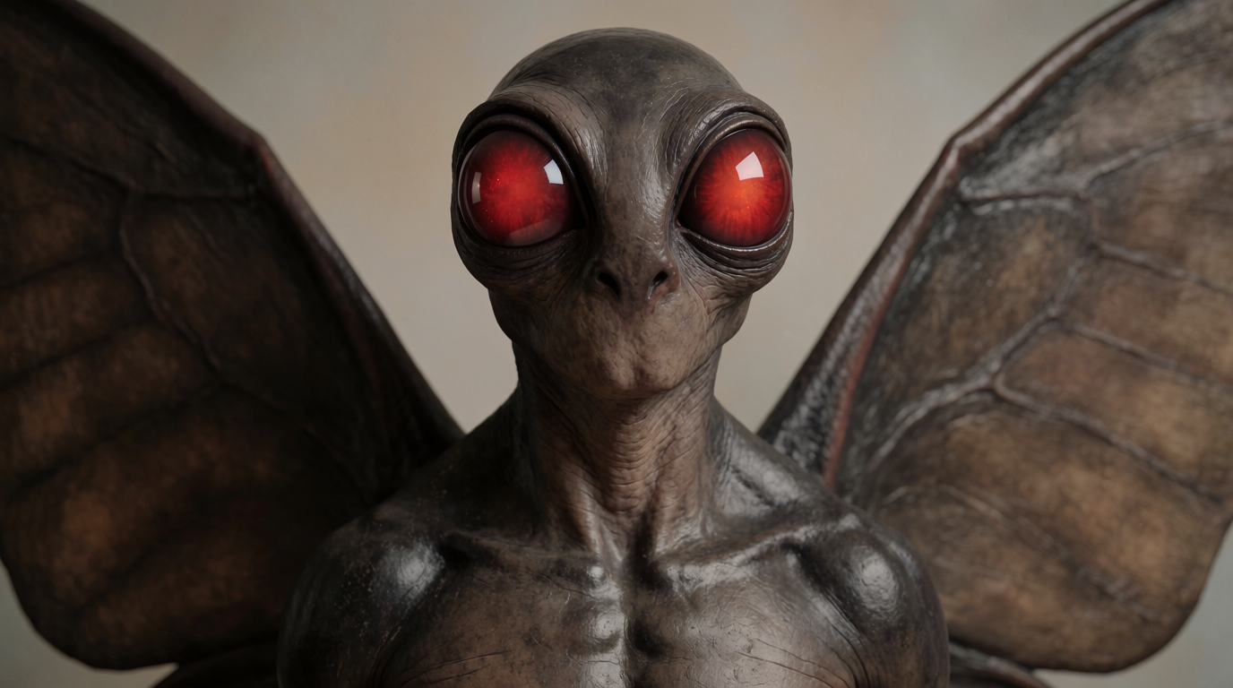 AI-generated illustration of the non-human winged cryptid Mothman, front portrait with reflective red eyes.