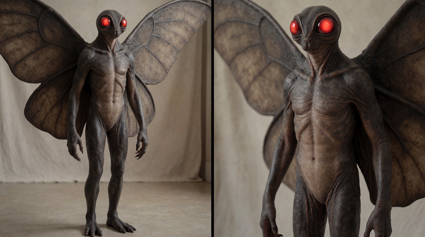 AI-generated illustration of the non-human winged cryptid Mothman, full-body identification view.