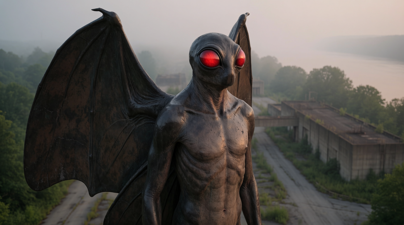 AI-generated illustration of the non-human cryptid Mothman in a foggy river-town industrial habitat at dusk.