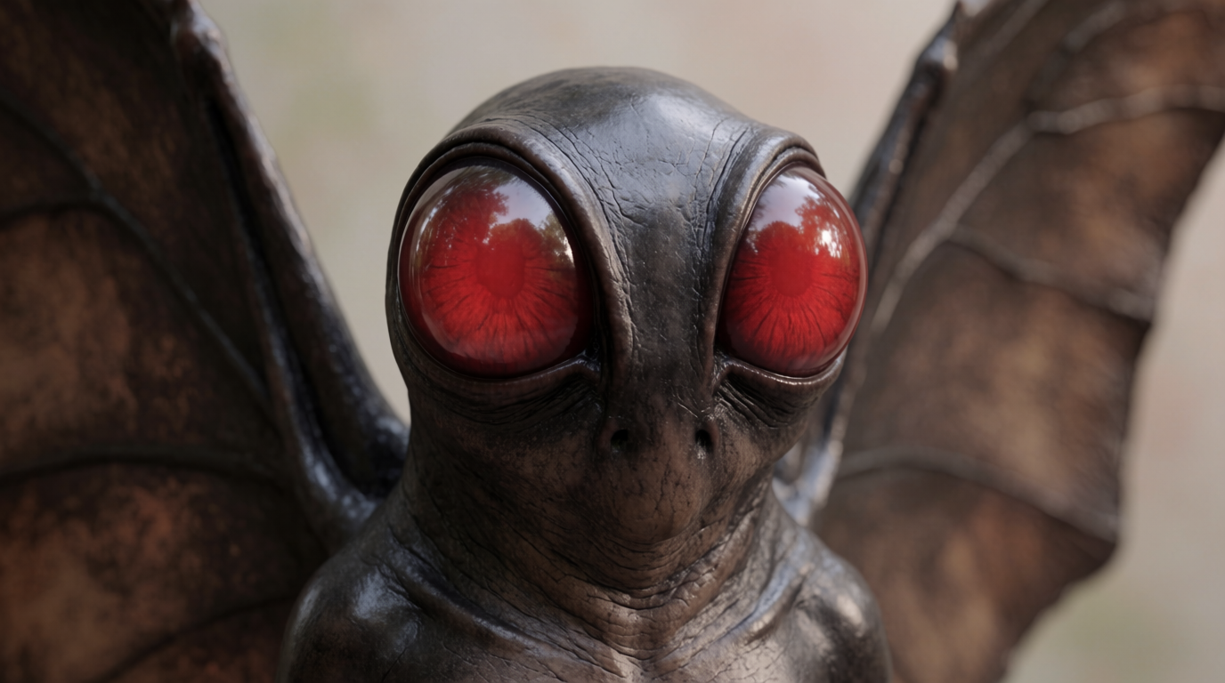 AI-generated close-up of the non-human cryptid Mothman’s oversized reflective red eyes.