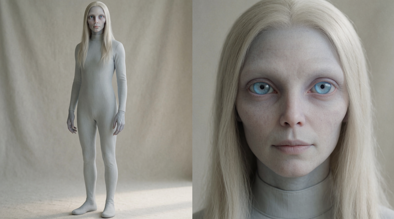 AI-generated illustration of a non-human Nordic-type alien, full-body identification view.