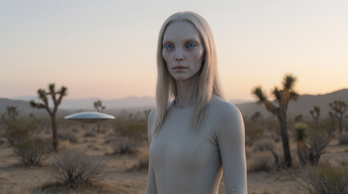 AI-generated illustration of a non-human Nordic-type alien in a dusk desert habitat near a craft.