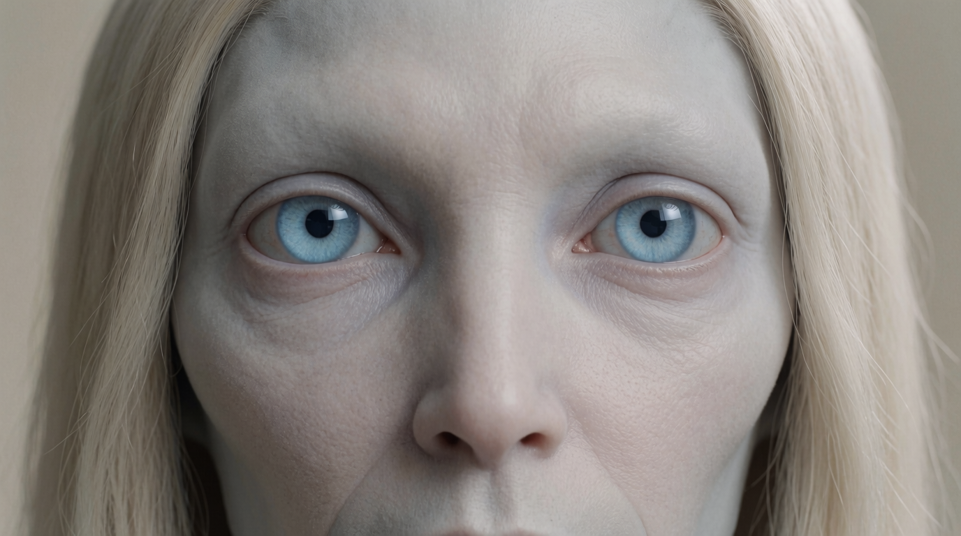 AI-generated close-up of a non-human Nordic-type alien’s near-human ice-blue eyes.