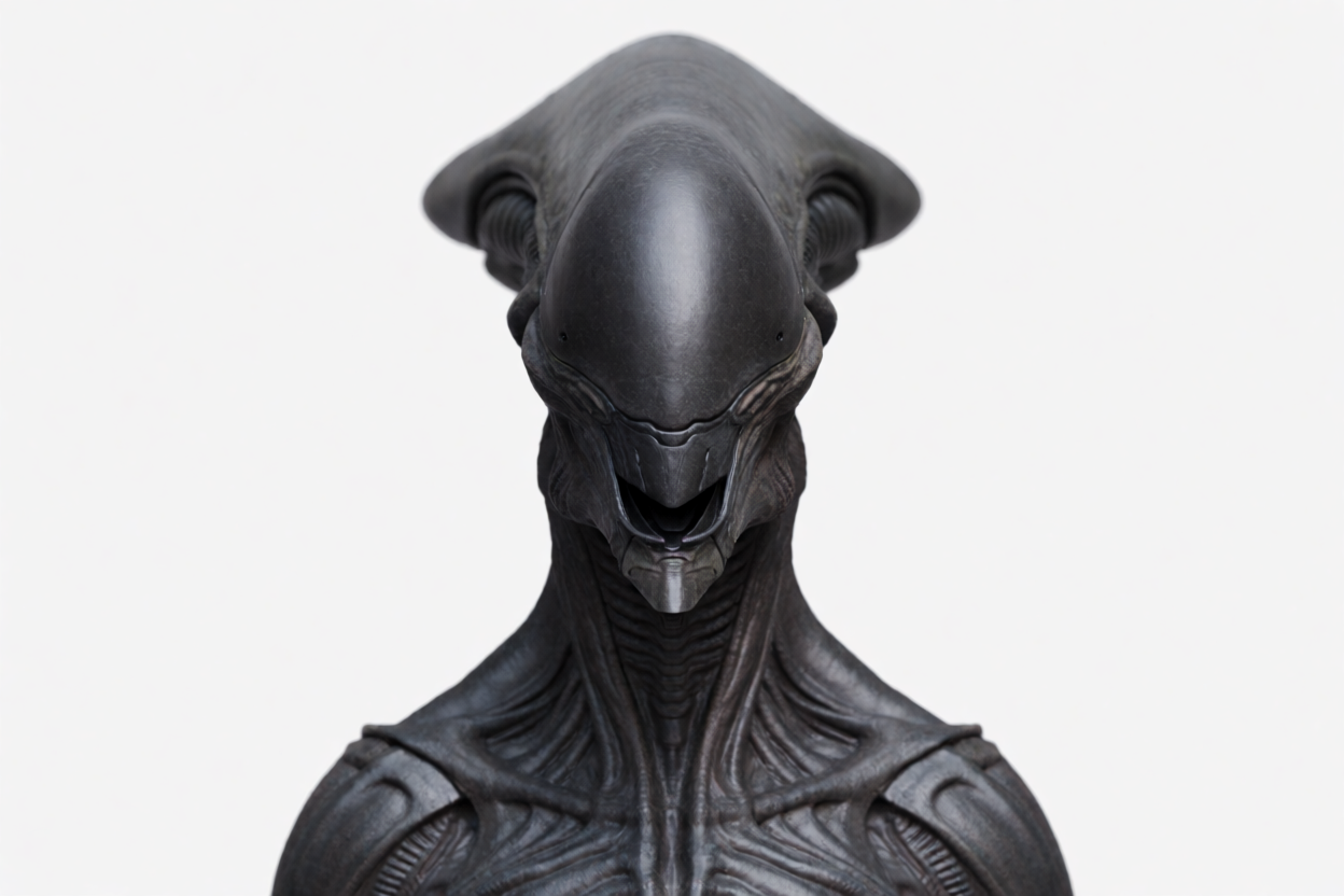 AI-generated original encyclopedia illustration of a fictional non-human xenomorph-archetype predator, front portrait with elongated crest (not a film still).
