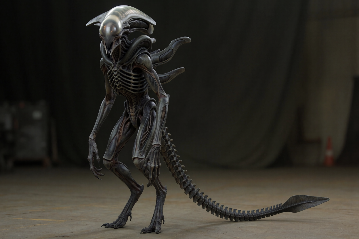 AI-generated original encyclopedia illustration of a fictional non-human xenomorph-archetype predator, full-body identification view (not a film still).
