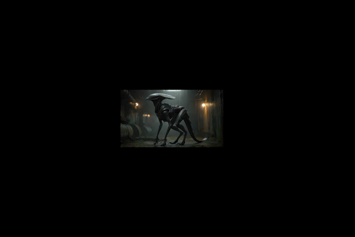 AI-generated original encyclopedia illustration of a fictional non-human xenomorph-archetype predator in a dark industrial habitat (not a film still).
