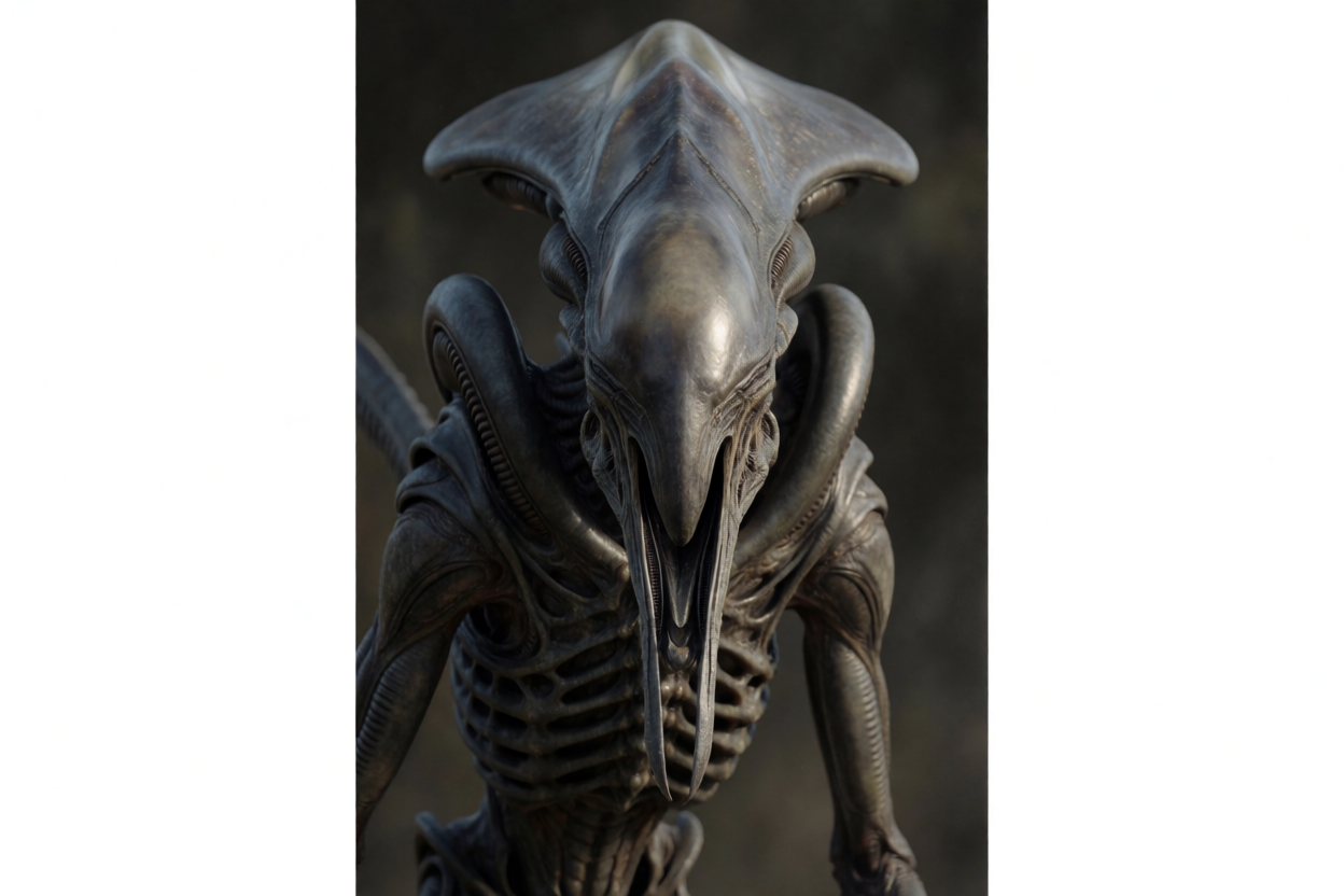 AI-generated close-up of a fictional xenomorph-archetype nested secondary jaw concept (original encyclopedia design, not a film still).
