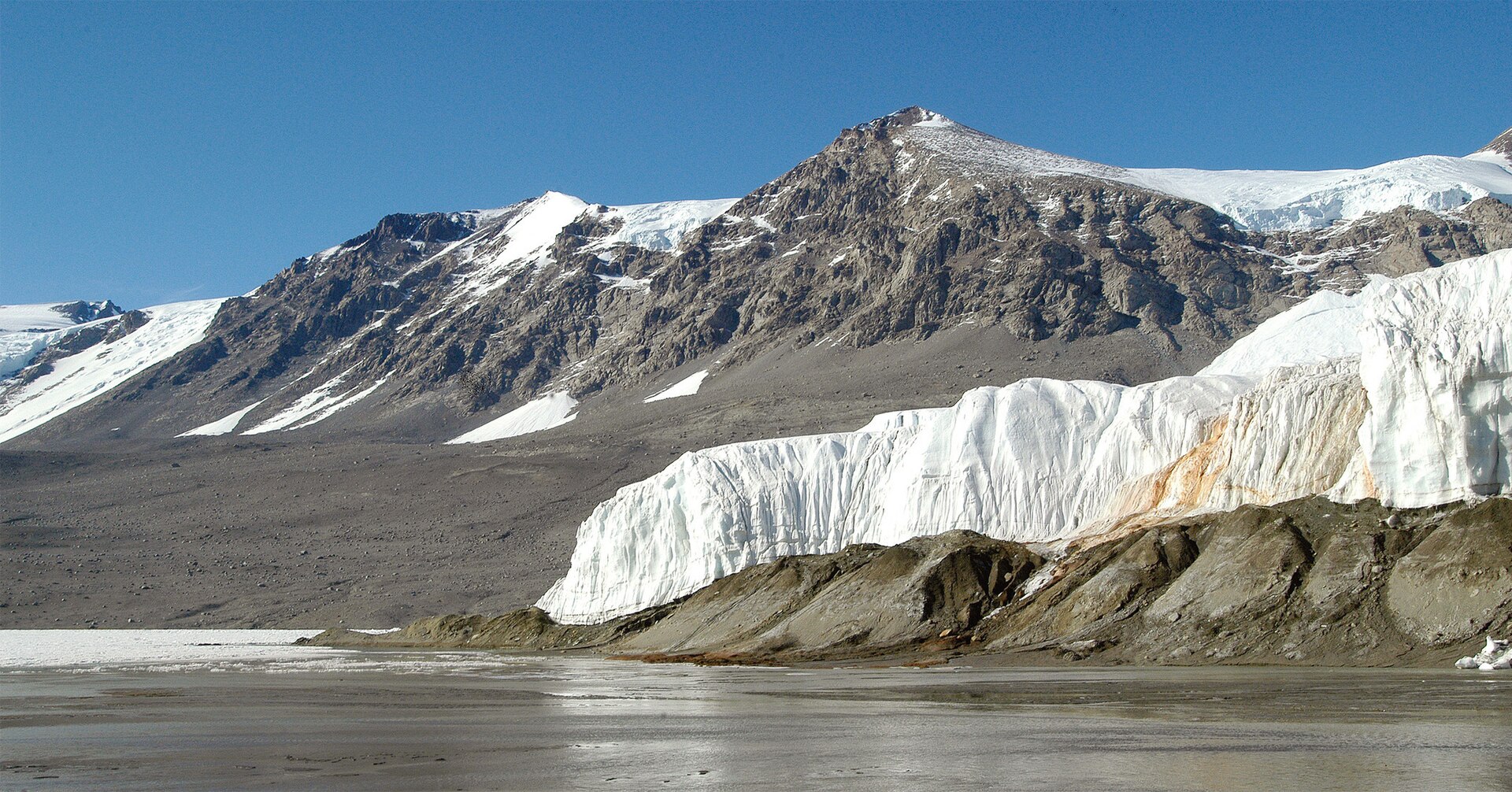 Alternate view of Blood Falls red outflow on Antarctic glacier ice, 2010.