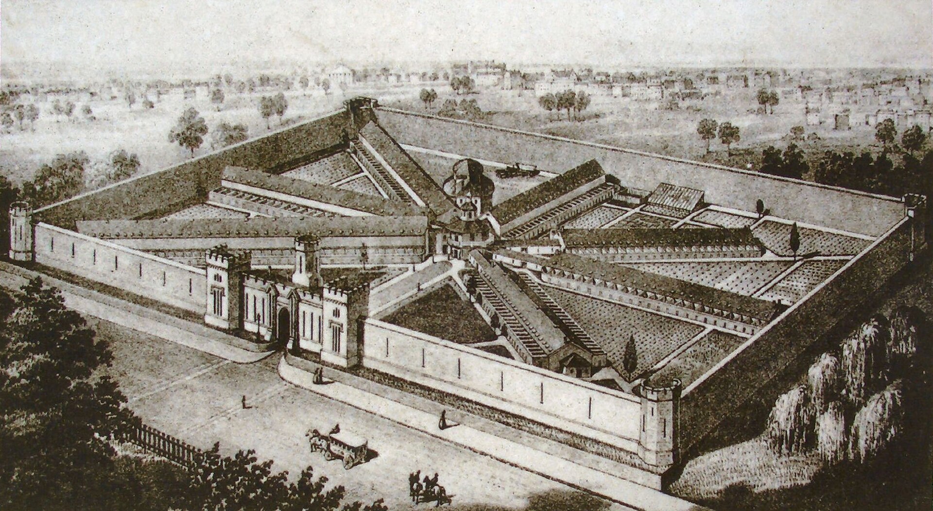 Aerial view of Eastern State Penitentiary’s radial cell-block plan in Philadelphia.