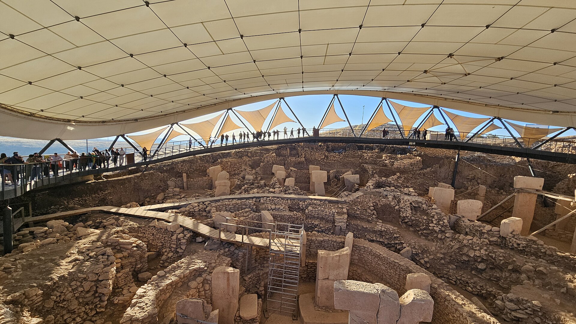 Modern protective canopy and walkways over the Göbekli Tepe archaeology park.