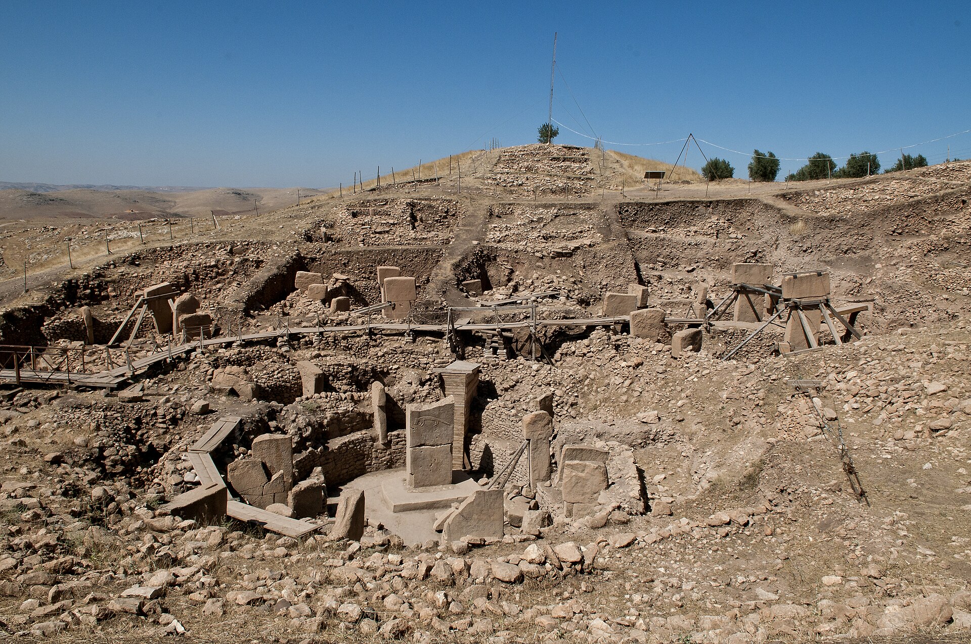 Main excavation area at Göbekli Tepe showing circular enclosure with T-shaped pillars, Şanlıurfa Province, Turkey.
