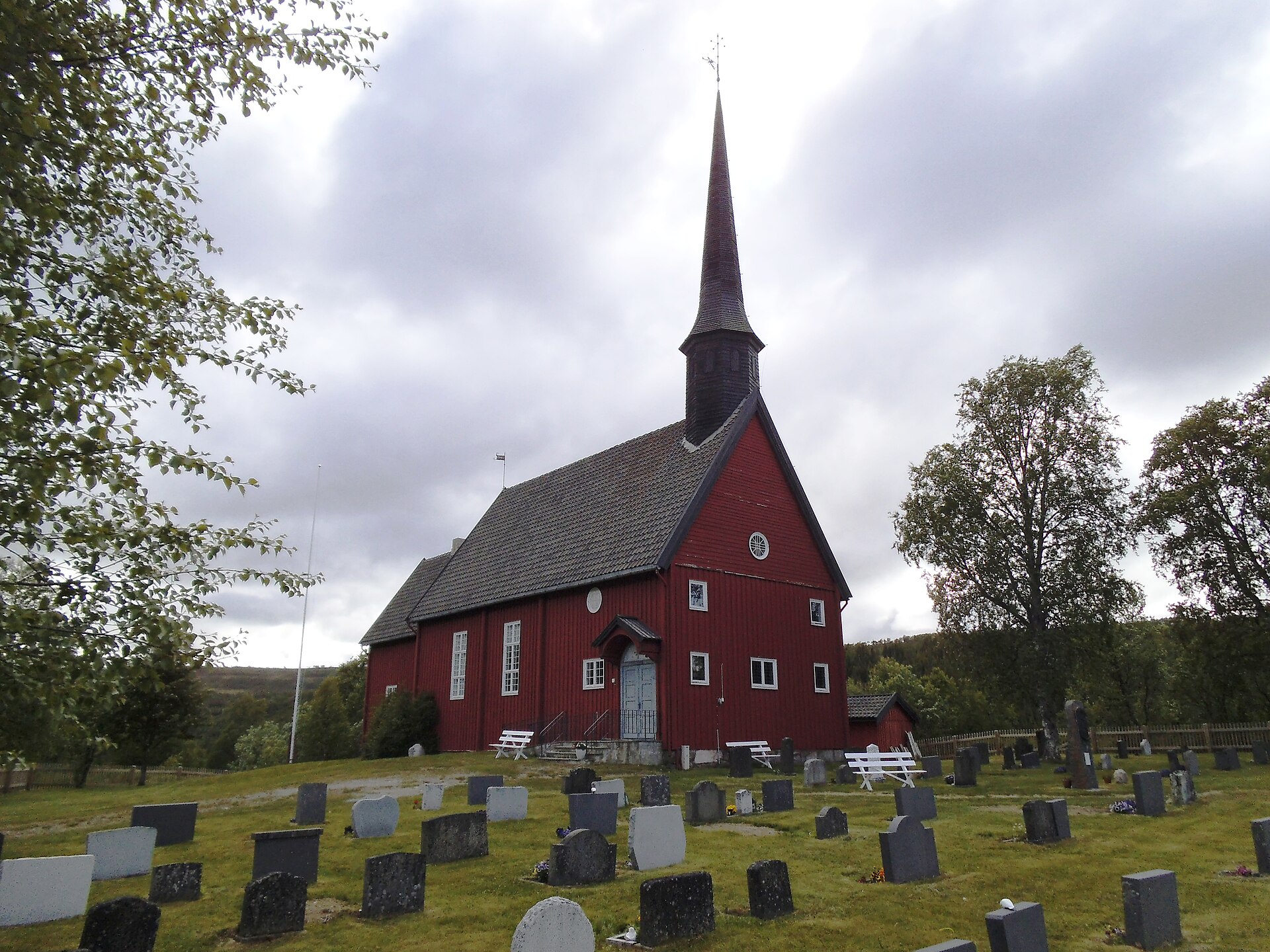 Hessdalen church and surrounding valley terrain in Norway.