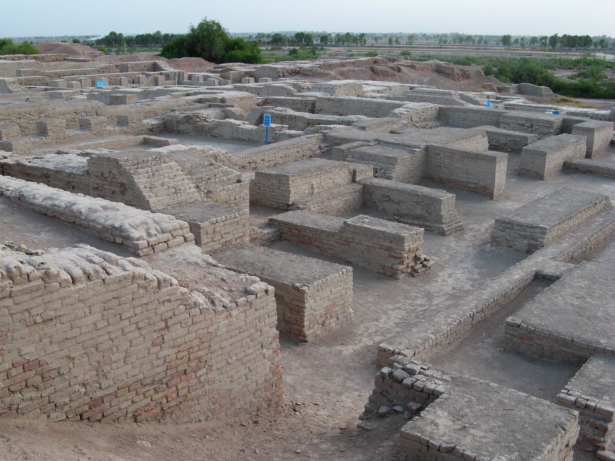 Wide view of excavated brick ruins and mounds at Mohenjo-daro.